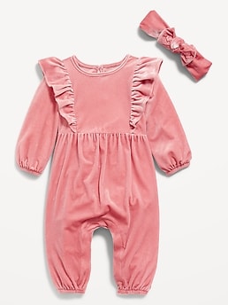 2pcs Baby Girl Applique Decor Pink Textured Ruffle Trim Bell-sleeve Jumpsuit with Headband Set
