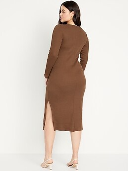 Fitted Twist-Front Rib-Knit Midi Dress