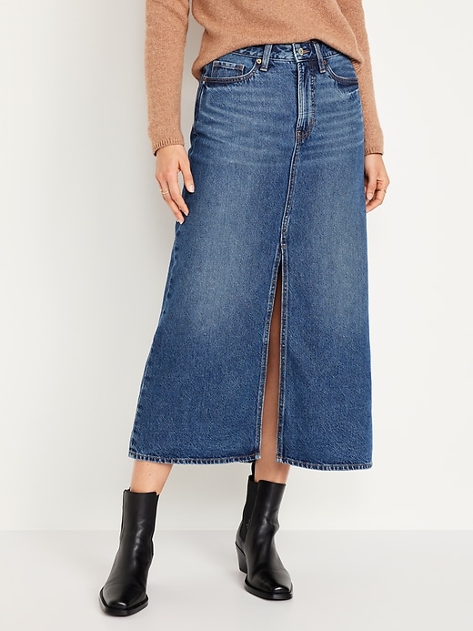 Image number 1 showing, High-Waisted Jean Midi Skirt