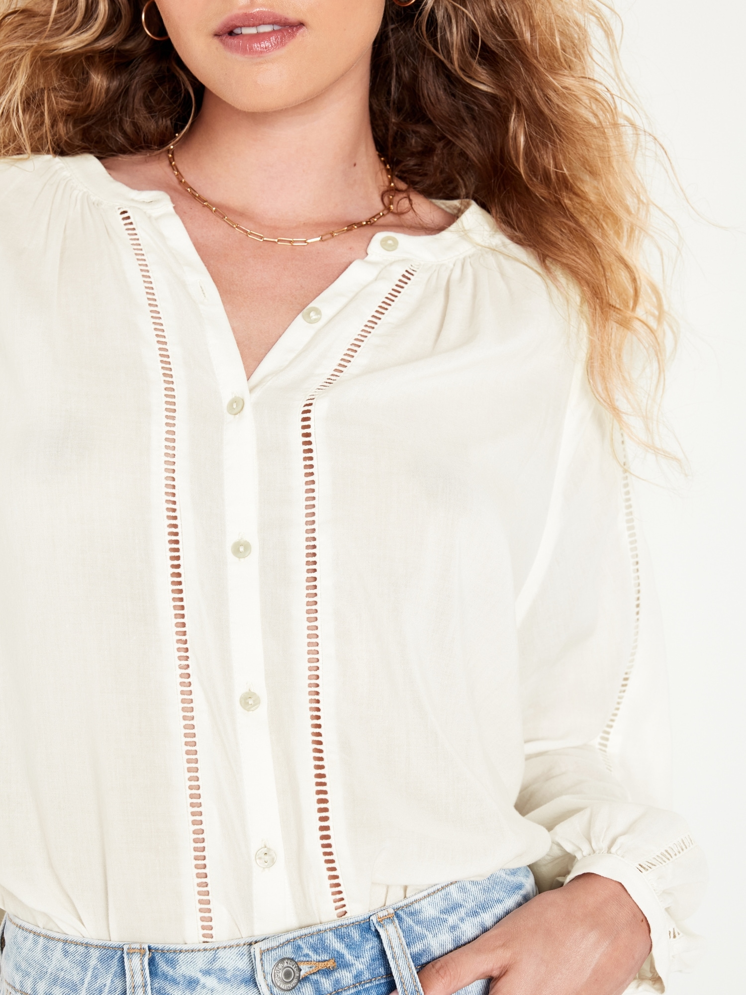 Button-Front Shirred Boho Blouse