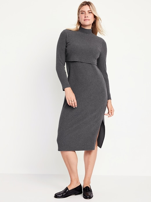 View large product image 1 of 2. Maternity Mock Neck Double Layer Nursing Midi Dress