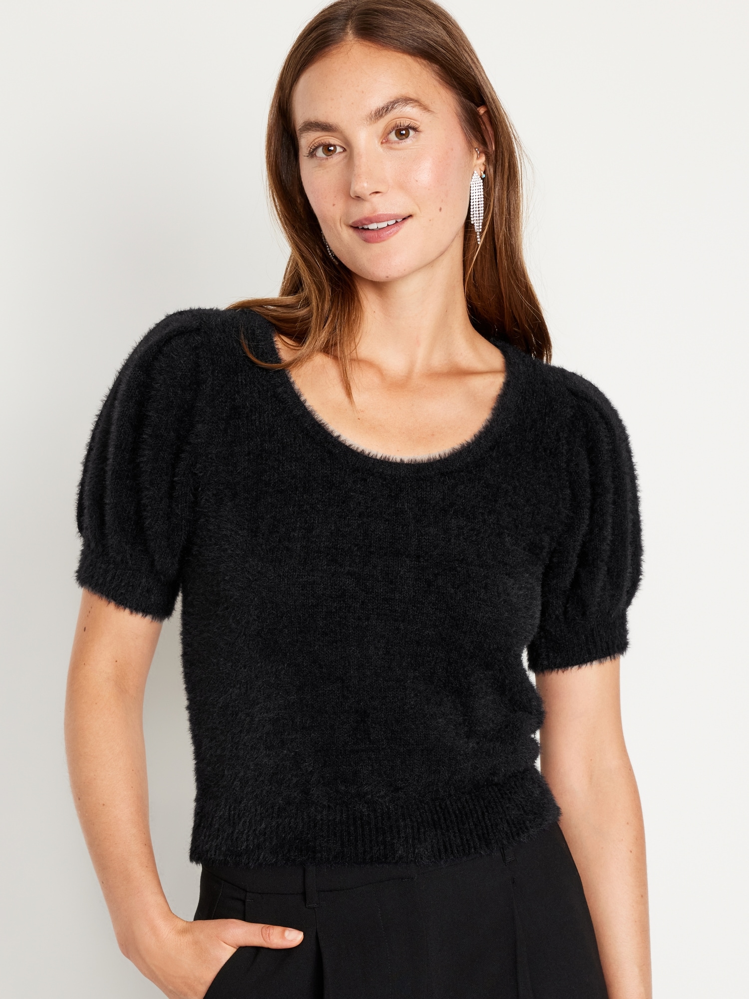 Short-Sleeve Eyelash Sweater