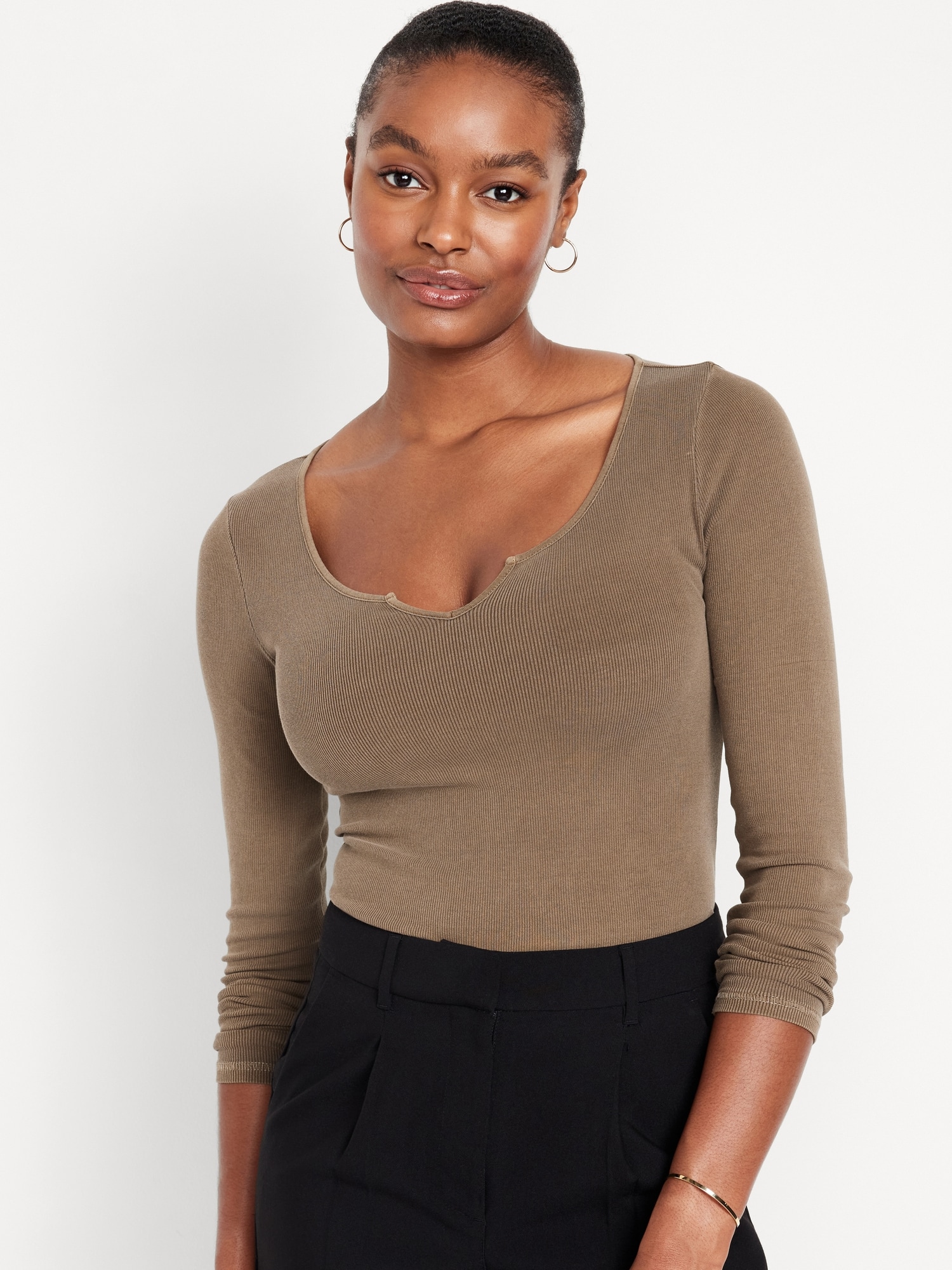 Petite White Square Neck Ribbed Long Sleeve Top