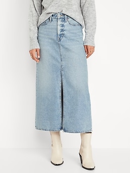 Mid Blue Wash Extreme Thigh High Slit Denim Skirt