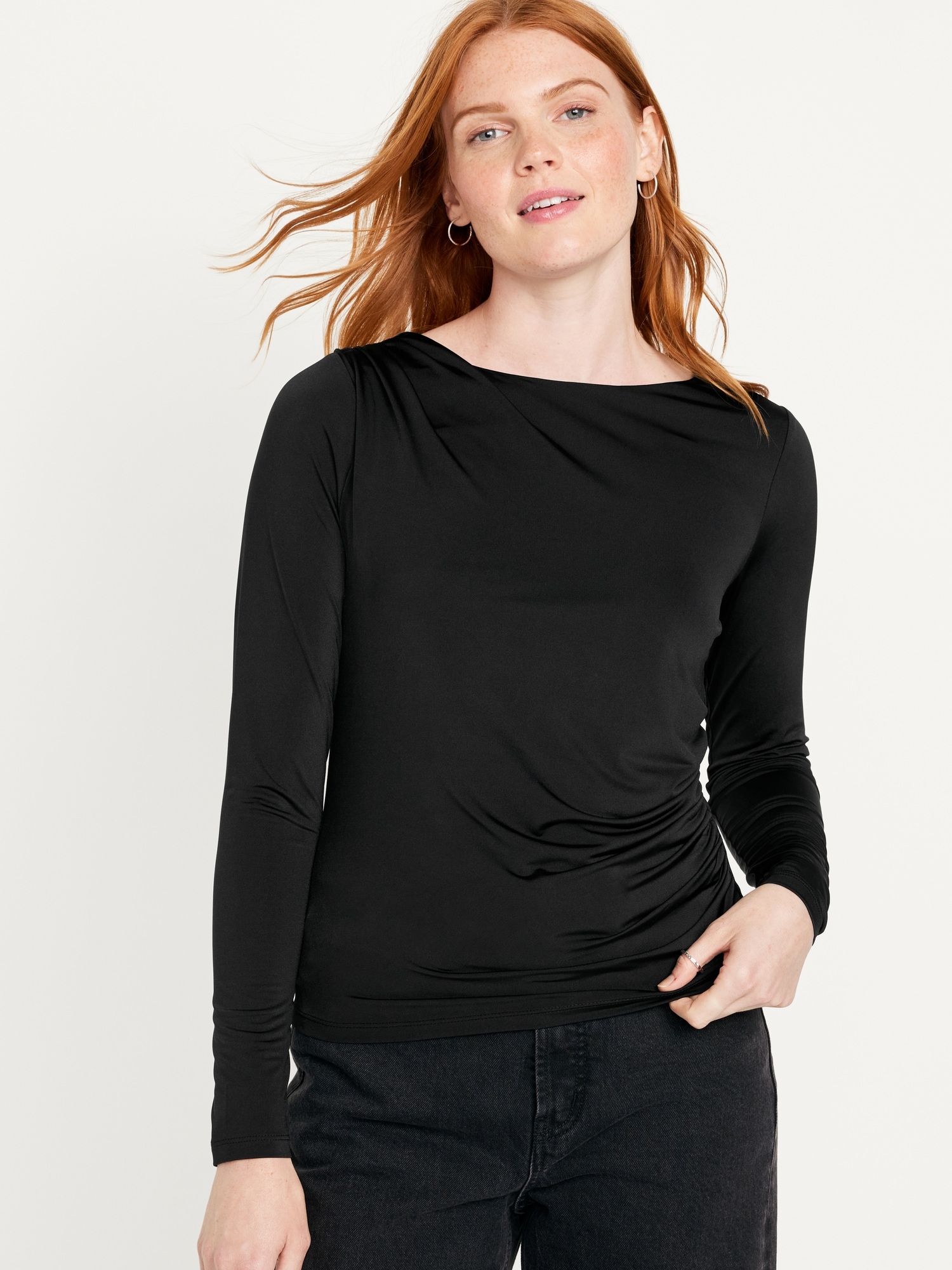 Hollister Lace Trim Henley Long Sleeve Top in Black