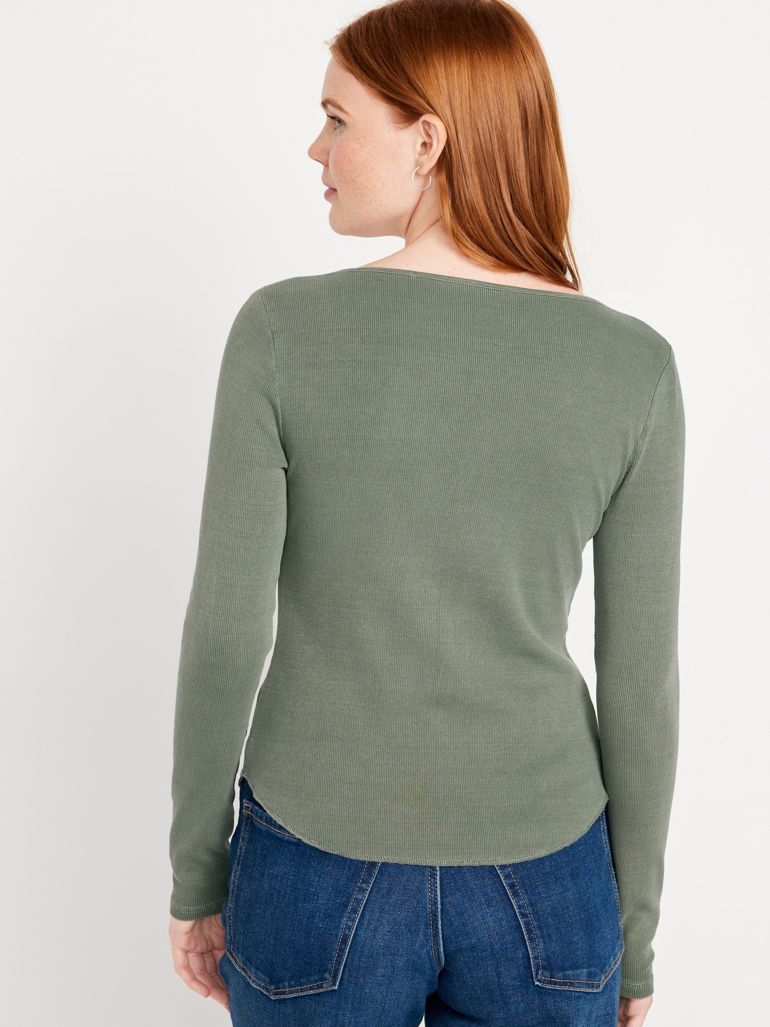 Fitted Long-Sleeve Rib-Knit T-Shirt for Old | Women Navy