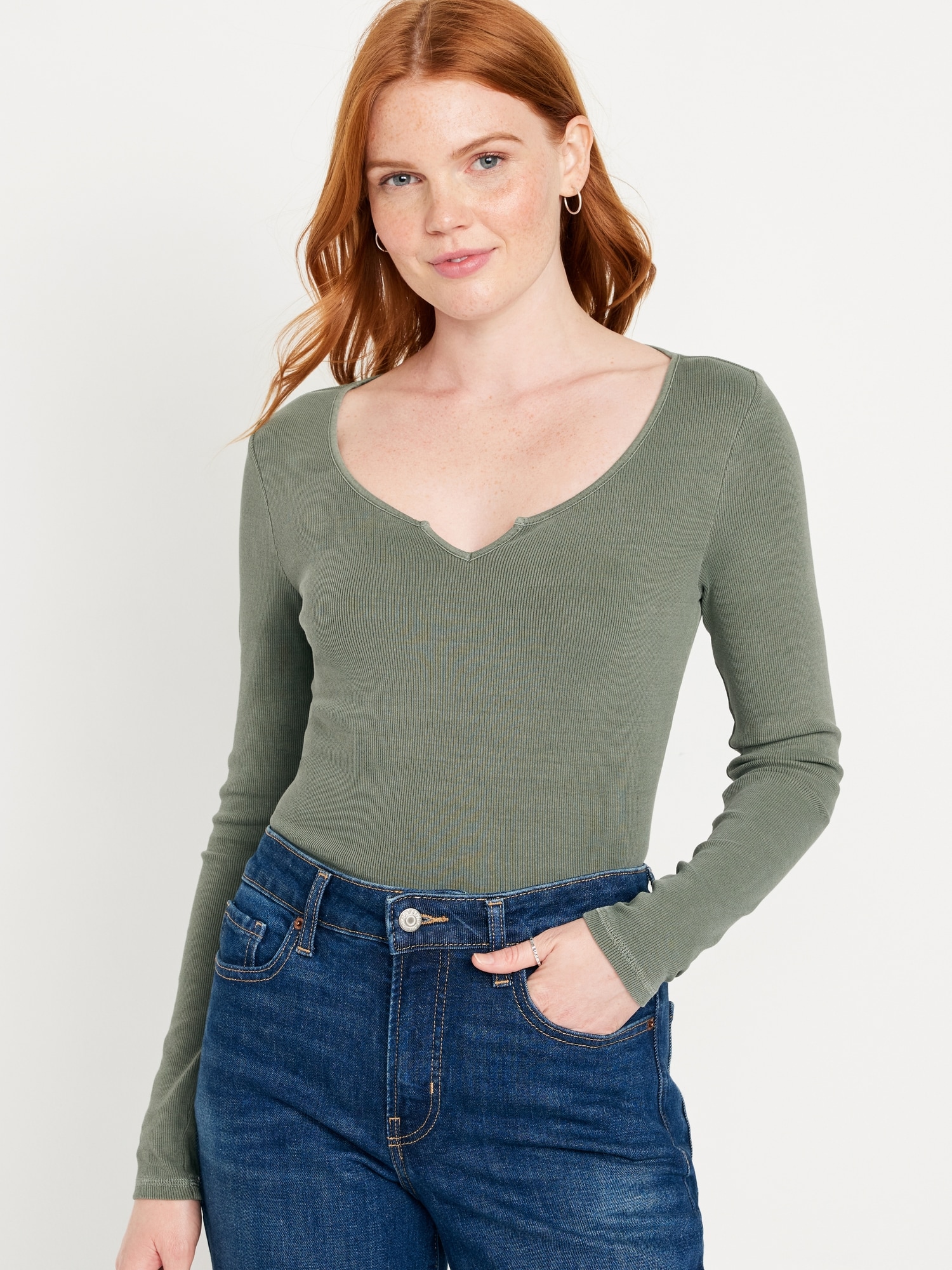 Old | Long-Sleeve T-Shirt Rib-Knit Women for Navy Fitted