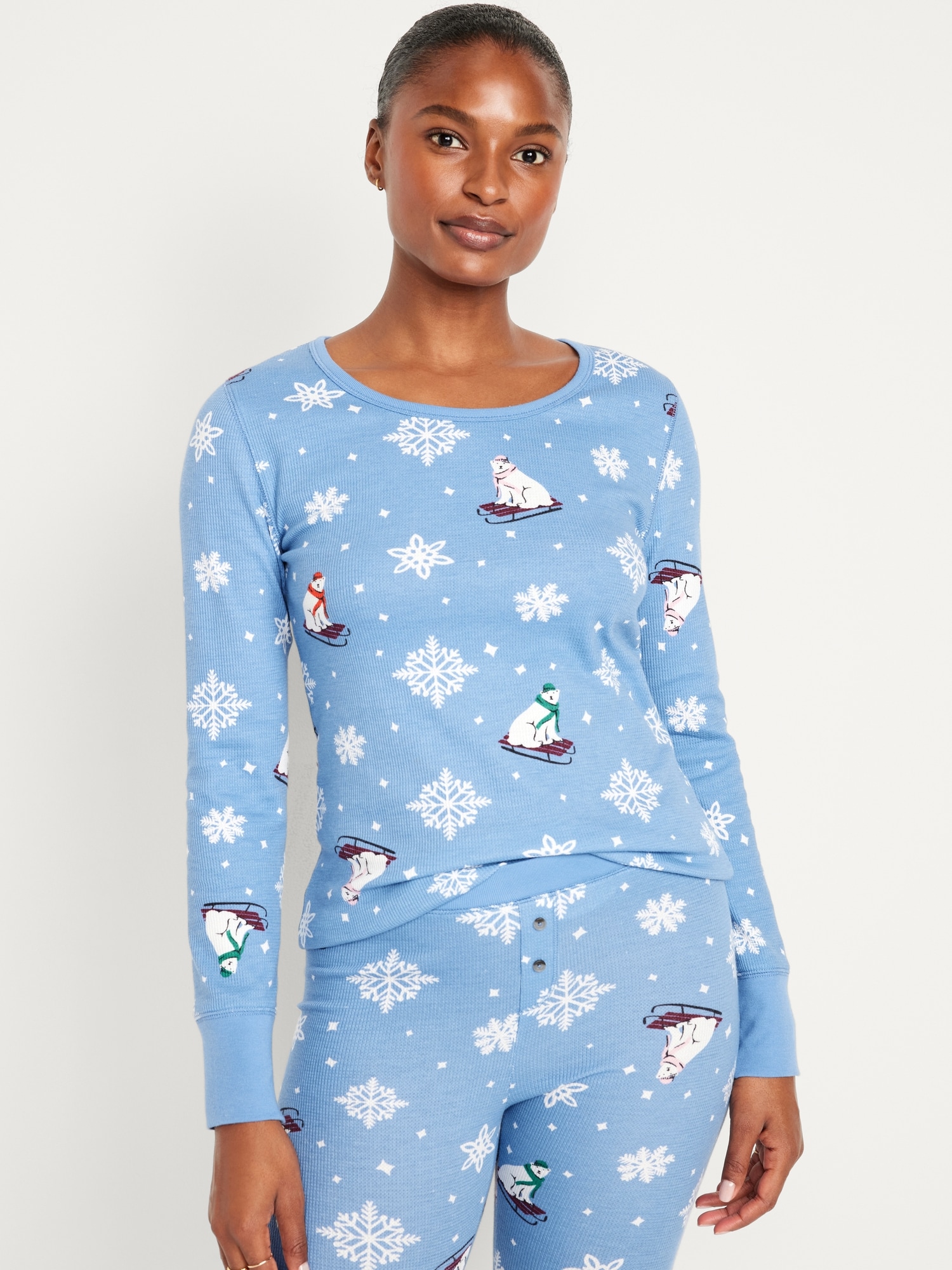 Long-Sleeve Waffle-Knit Pajama Top