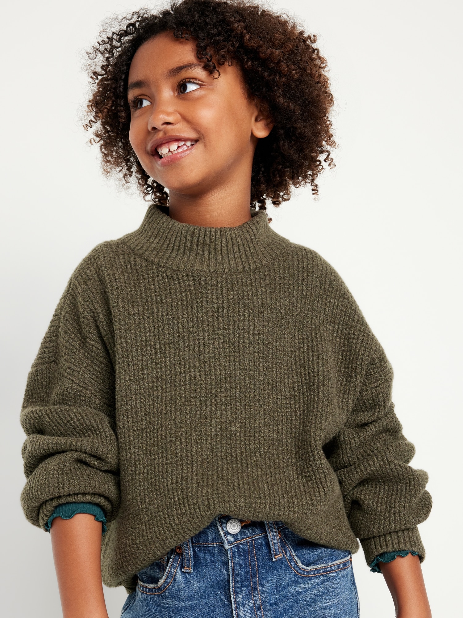 Cozy Thermal-Knit Mock-Neck Tunic Pullover Sweater for Girls