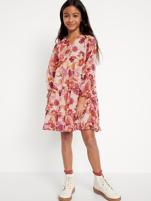 View large product image 1 of 4. Printed Long-Sleeve Tie-Front Tiered Swing Dress for Girls