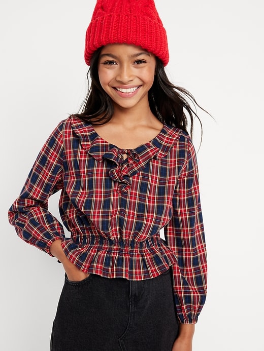 View large product image 1 of 3. Long-Sleeve Plaid Ruffle-Trim Top for Girls