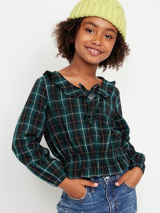 View large product image 1 of 3. Long-Sleeve Plaid Ruffle-Trim Top for Girls