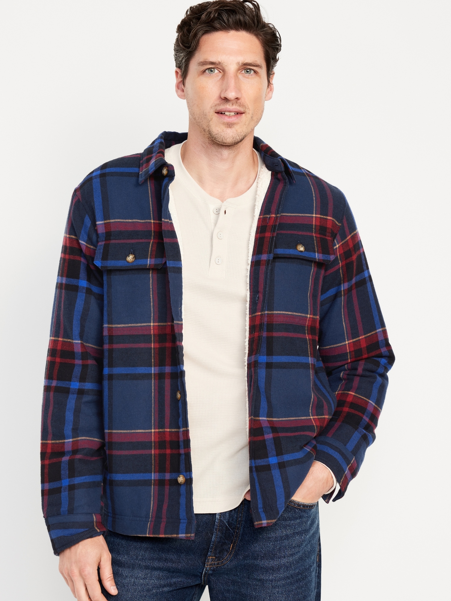 Sherpa-Lined Flannel Shacket | Old Navy