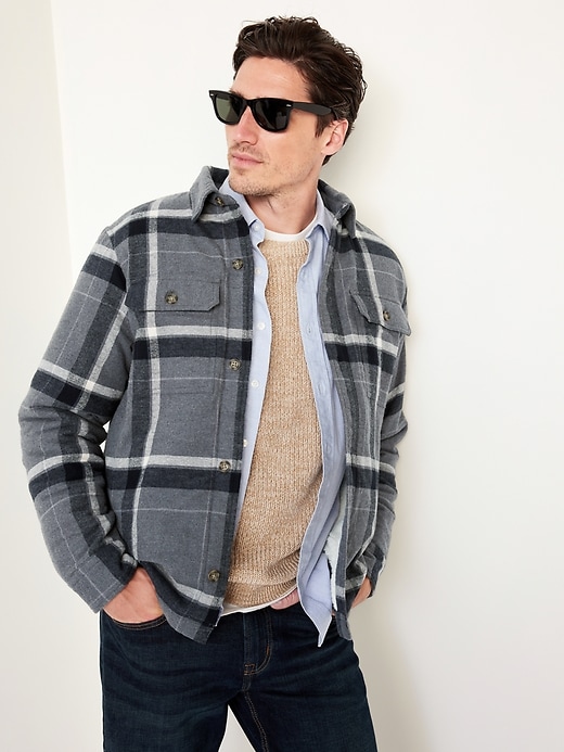 Sherpa-Lined Flannel Shacket for Men | Old Navy