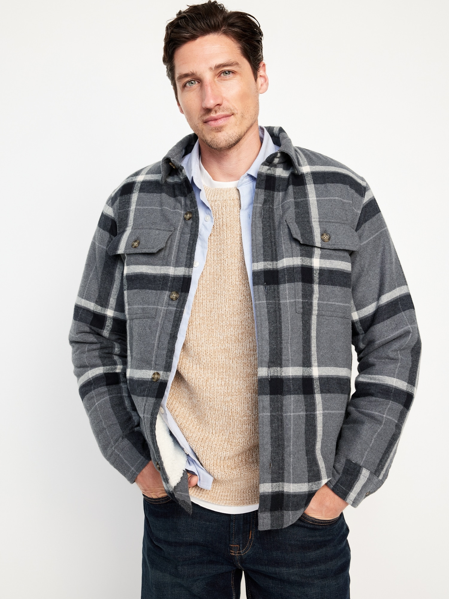 Sherpa-Lined Flannel Shacket | Old Navy