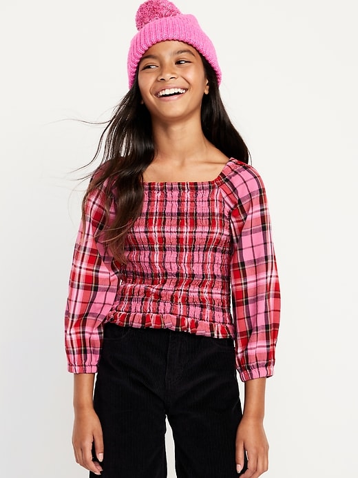 View large product image 1 of 3. Long-Sleeve Plaid Smocked Top for Girls