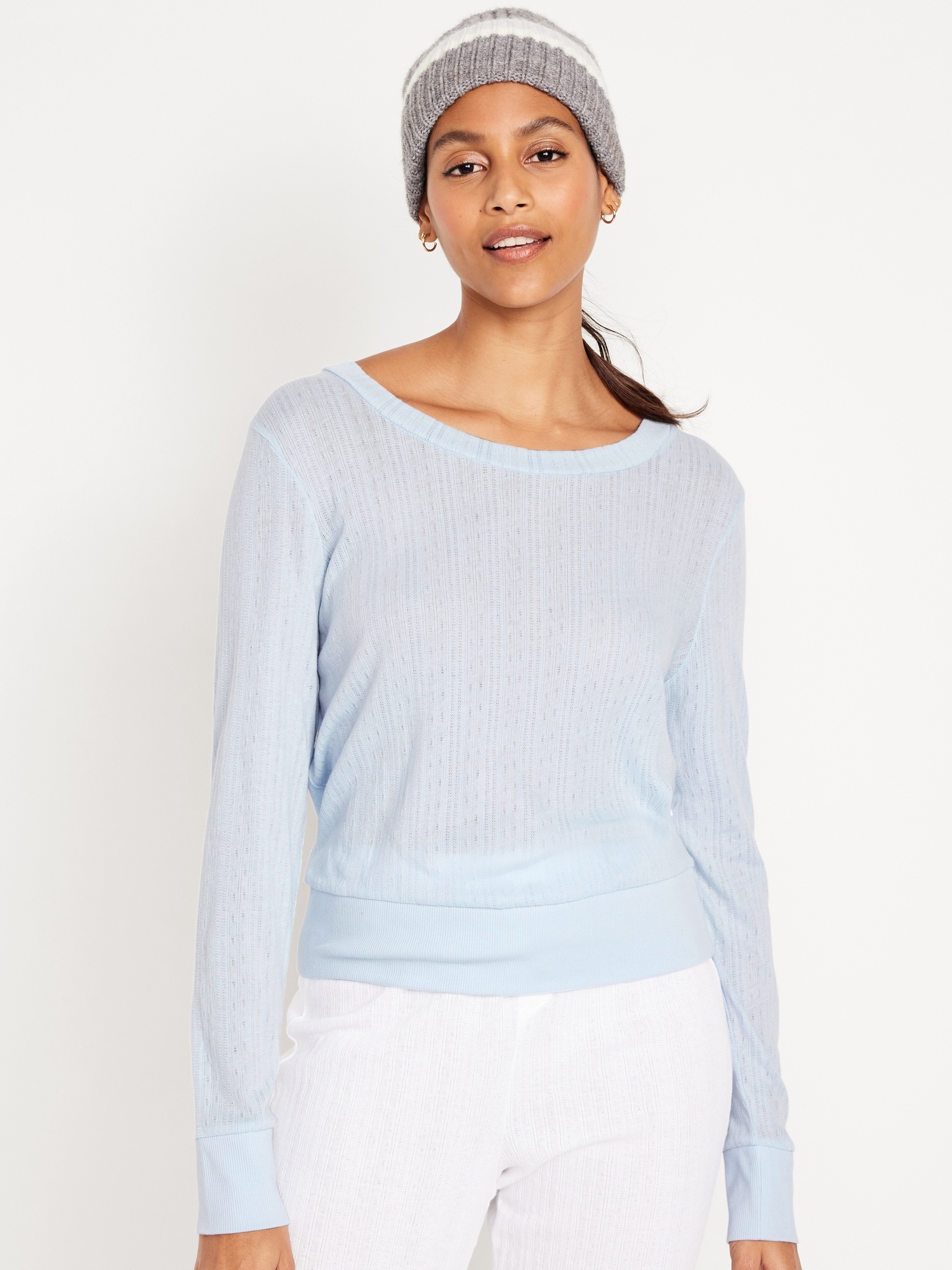 Pointelle-Knit Cropped Pajama Top