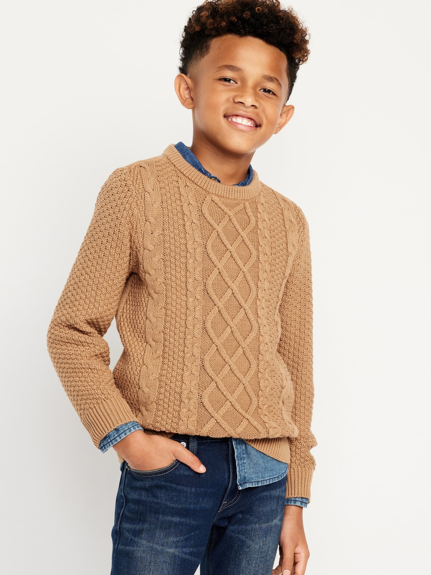 Long-Sleeve Cable-Knit Crew Neck Sweater for Boys