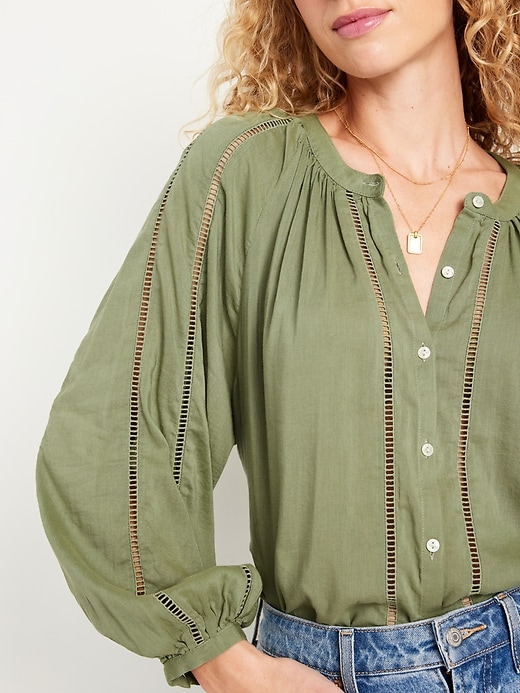 Button-Front Shirred Boho Blouse