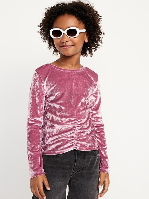 View large product image 1 of 3. Long-Sleeve Crushed Velvet Ruched-Hem Top for Girls
