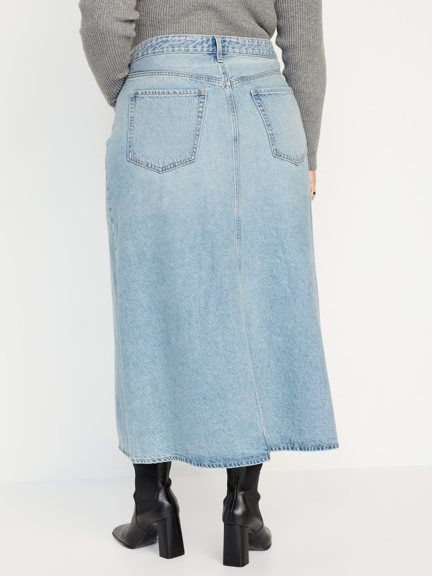 Black/blue recycled denim patchwork midi skirt