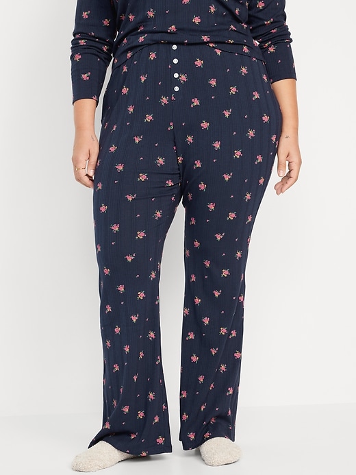 Image number 7 showing, High-Waisted Pointelle-Knit Flare Pajama Pants