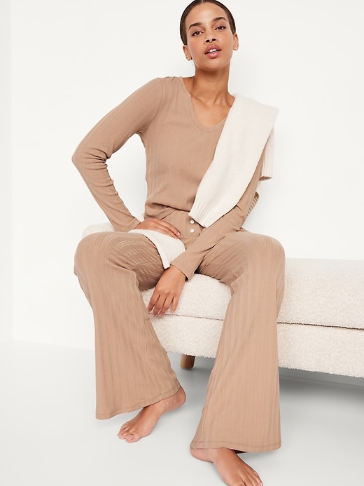 Image number 3 showing, High-Waisted Pointelle-Knit Flare Pajama Pants