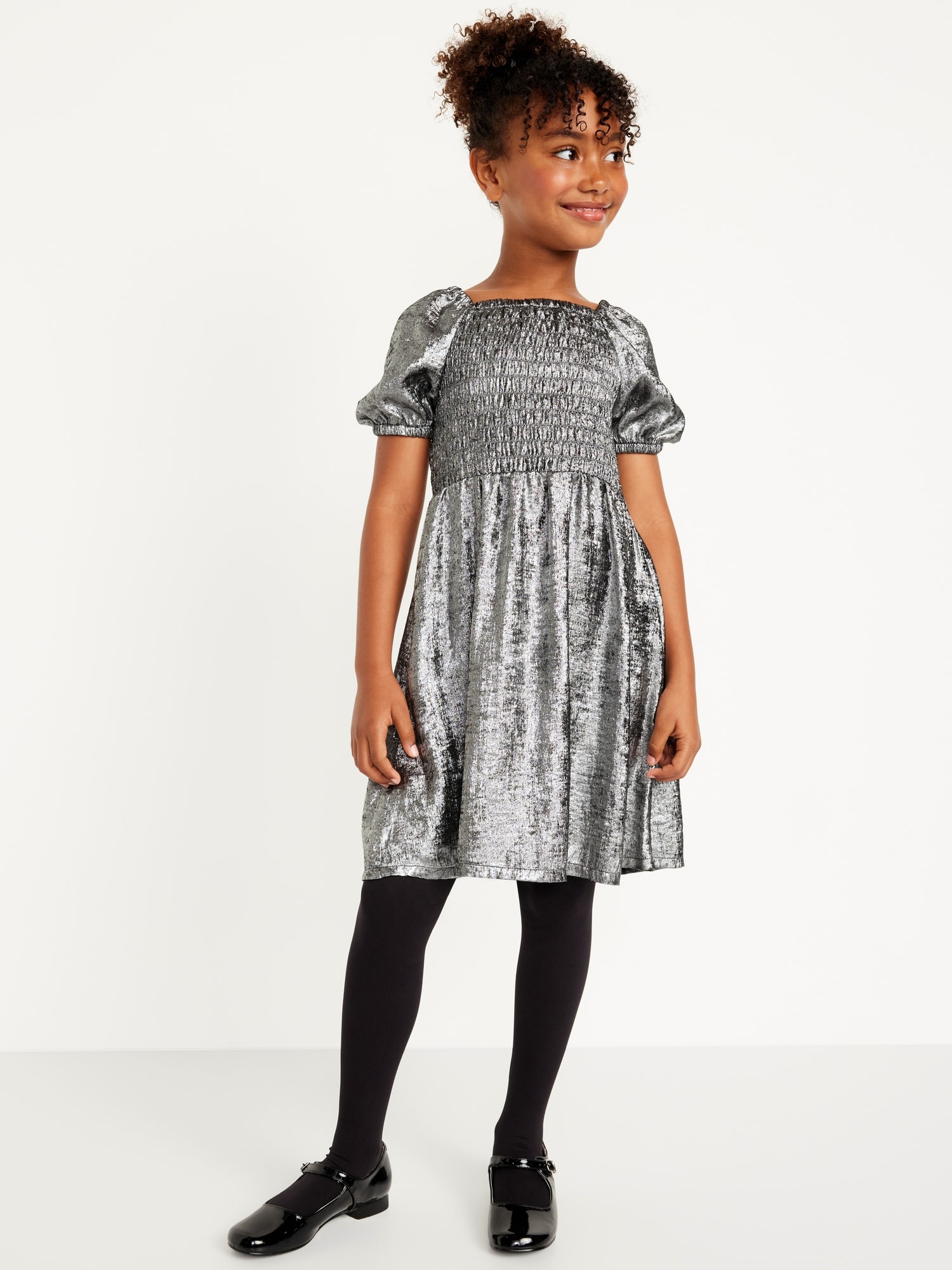 Metallic Puff-Sleeve Smocked Dress for Girls