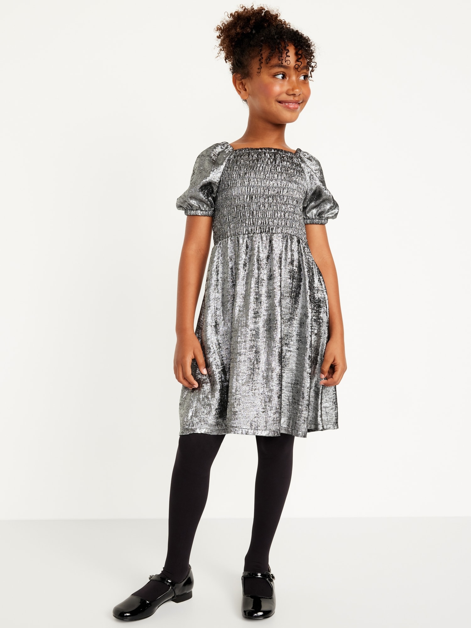 Metallic Puff-Sleeve Smocked Dress for Girls | Old Navy