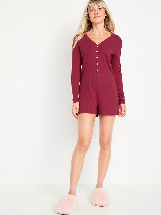 Image number 1 showing, Pointelle Henley Pajama Romper -- 3 inch inseam
