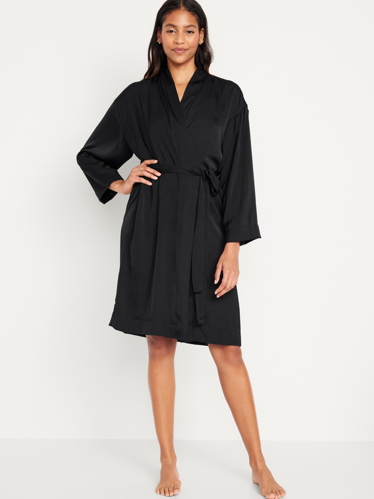 Bella Babe by SK Men Satin V-Neck Full Sleeve Black Robe Lightweight Long  Bathrobe Sleepwear