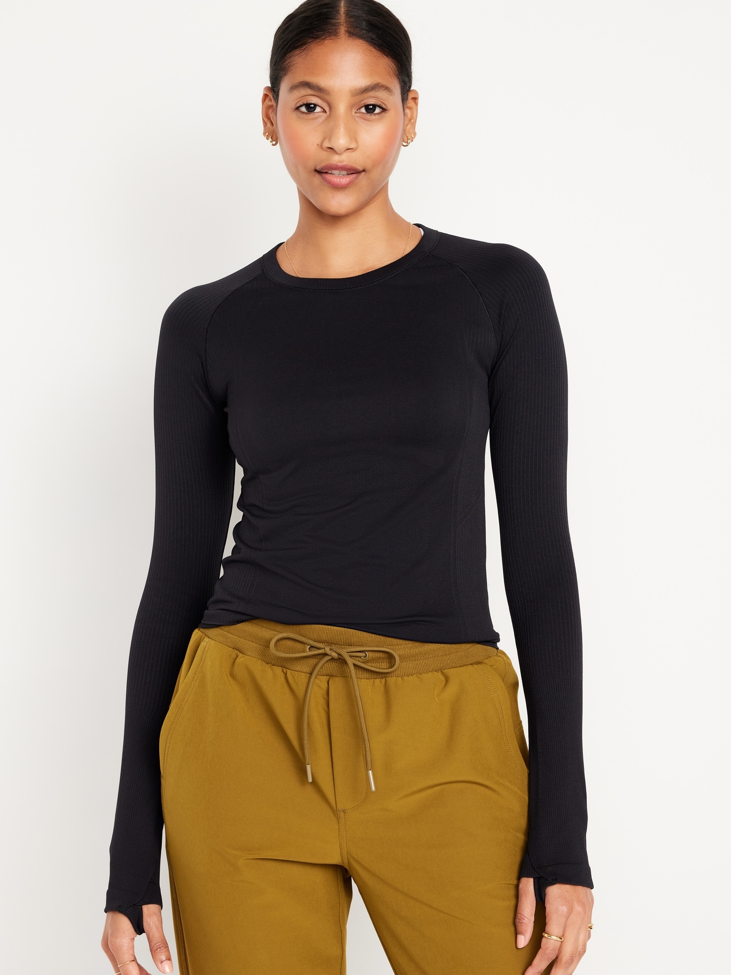 Women's Long-Sleeve Cotton-Blend Seamless Fabric Cropped Tee