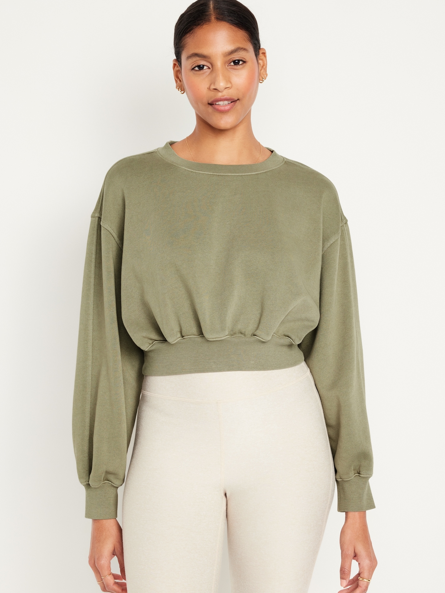 Women's Pullover Cropped Sweatshirt Crew Neck Long Sleeve Fleece Crop Tops  A0882 Beige#Medium at  Women's Clothing store