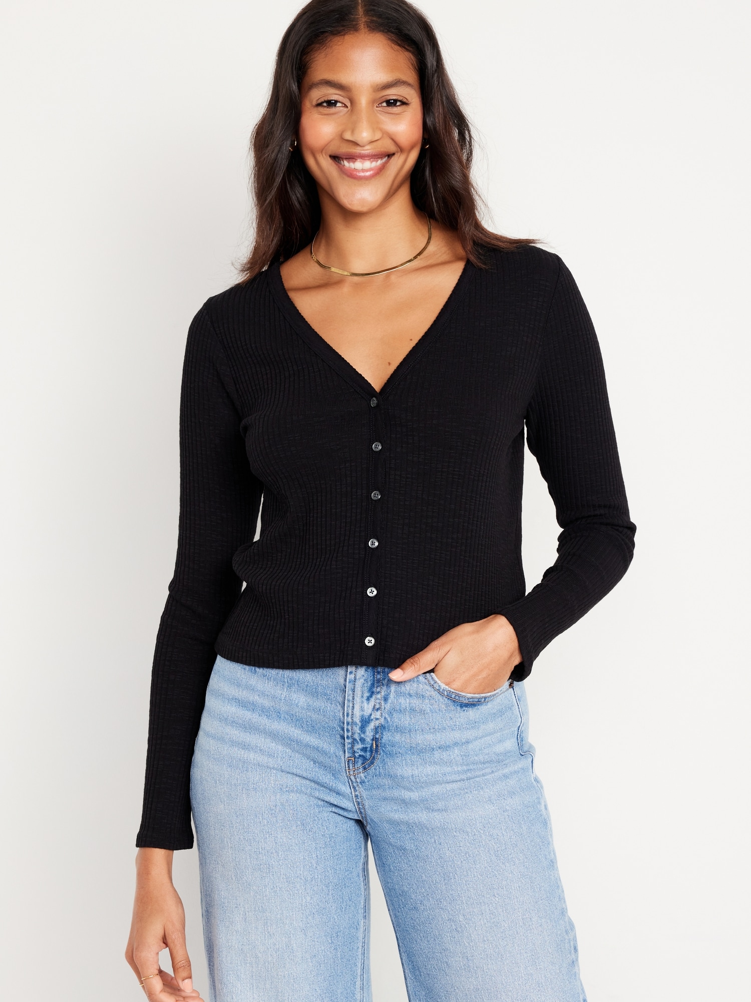 Button-Front Rib-Knit Top for Women