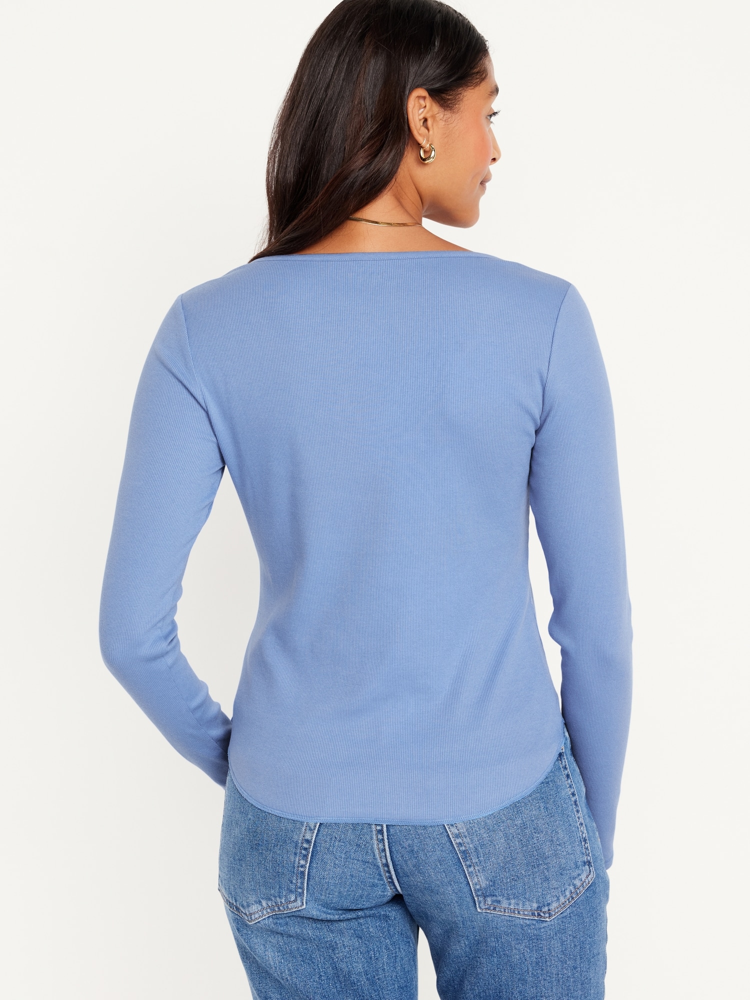 Fitted Long-Sleeve Old | Women Rib-Knit Navy T-Shirt for