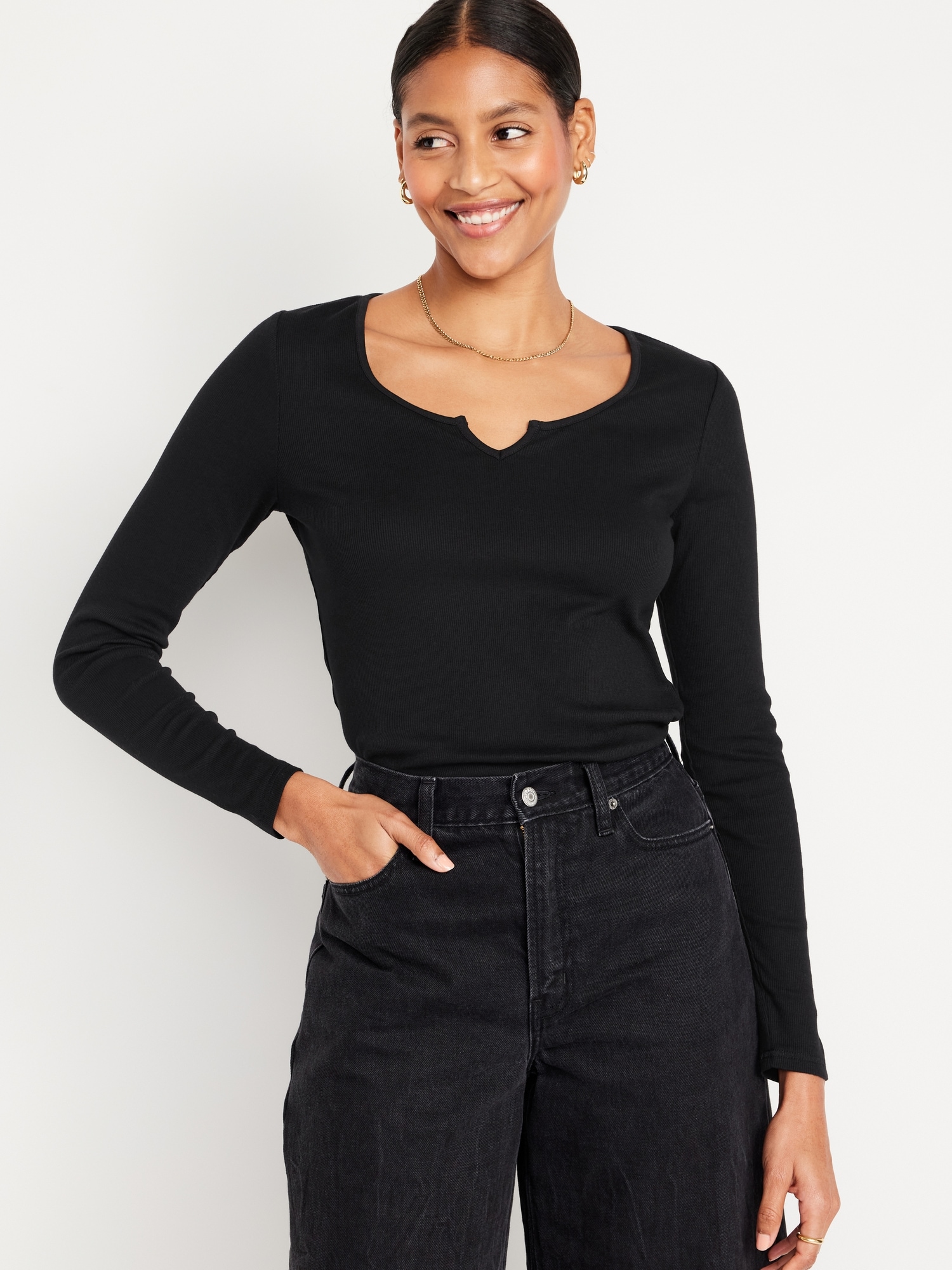 Long-Sleeve Cinched-Front Rib-Knit T-Shirt for Women