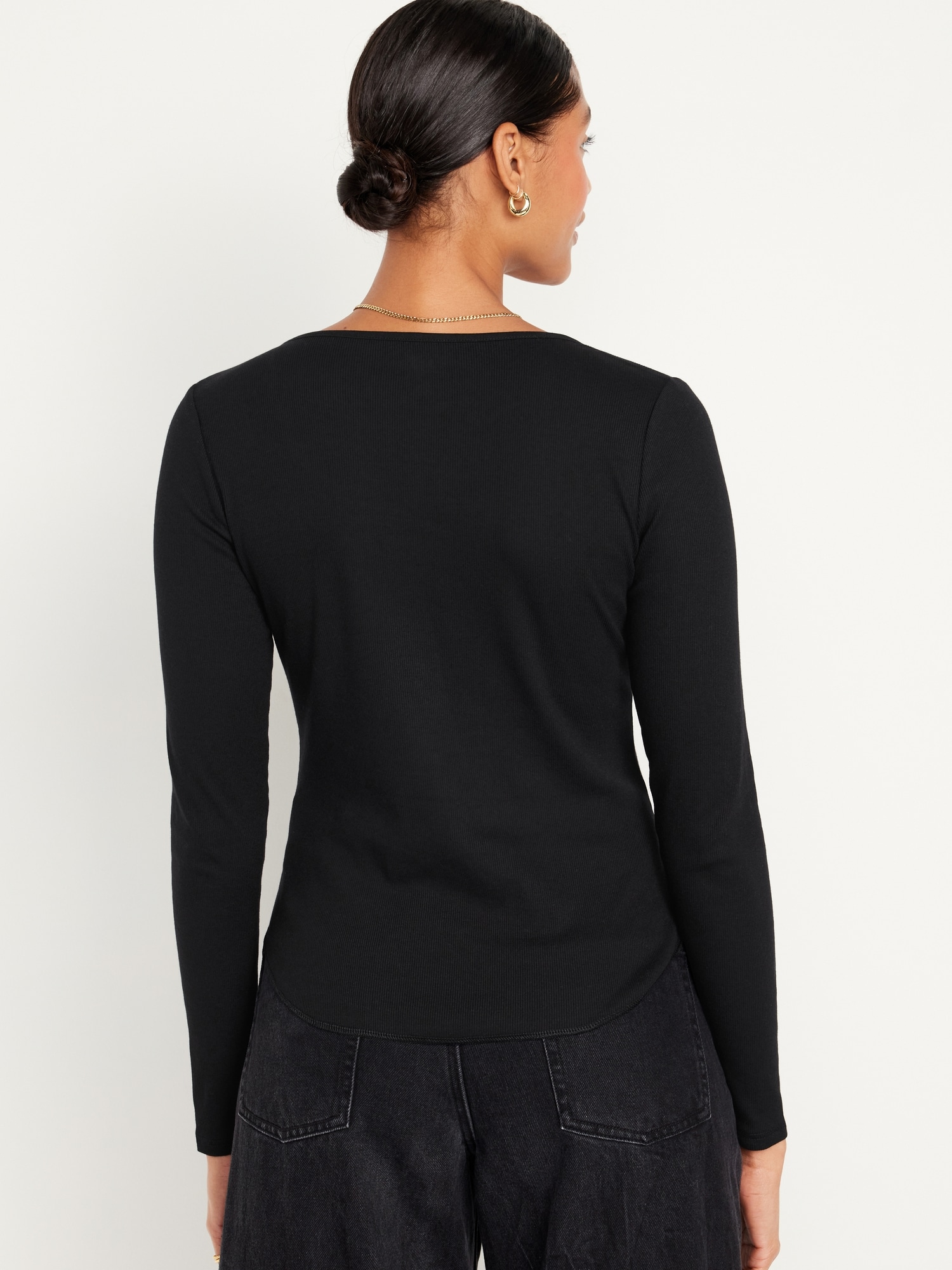 Fitted Long-Sleeve Women T-Shirt Rib-Knit for | Navy Old