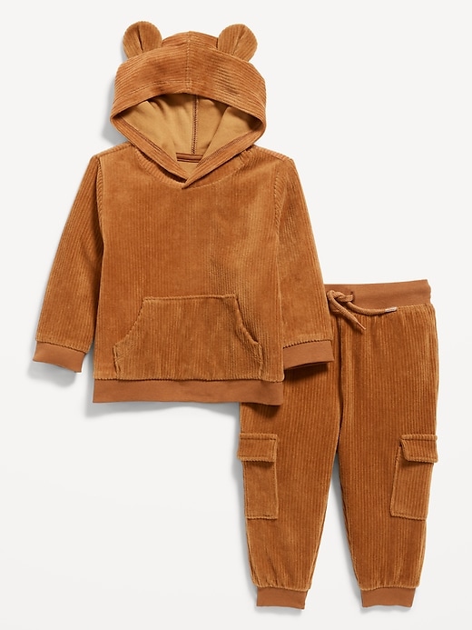 View large product image 1 of 2. Unisex Ribbed Velour Critter Hoodie and Cargo Joggers Set for Baby