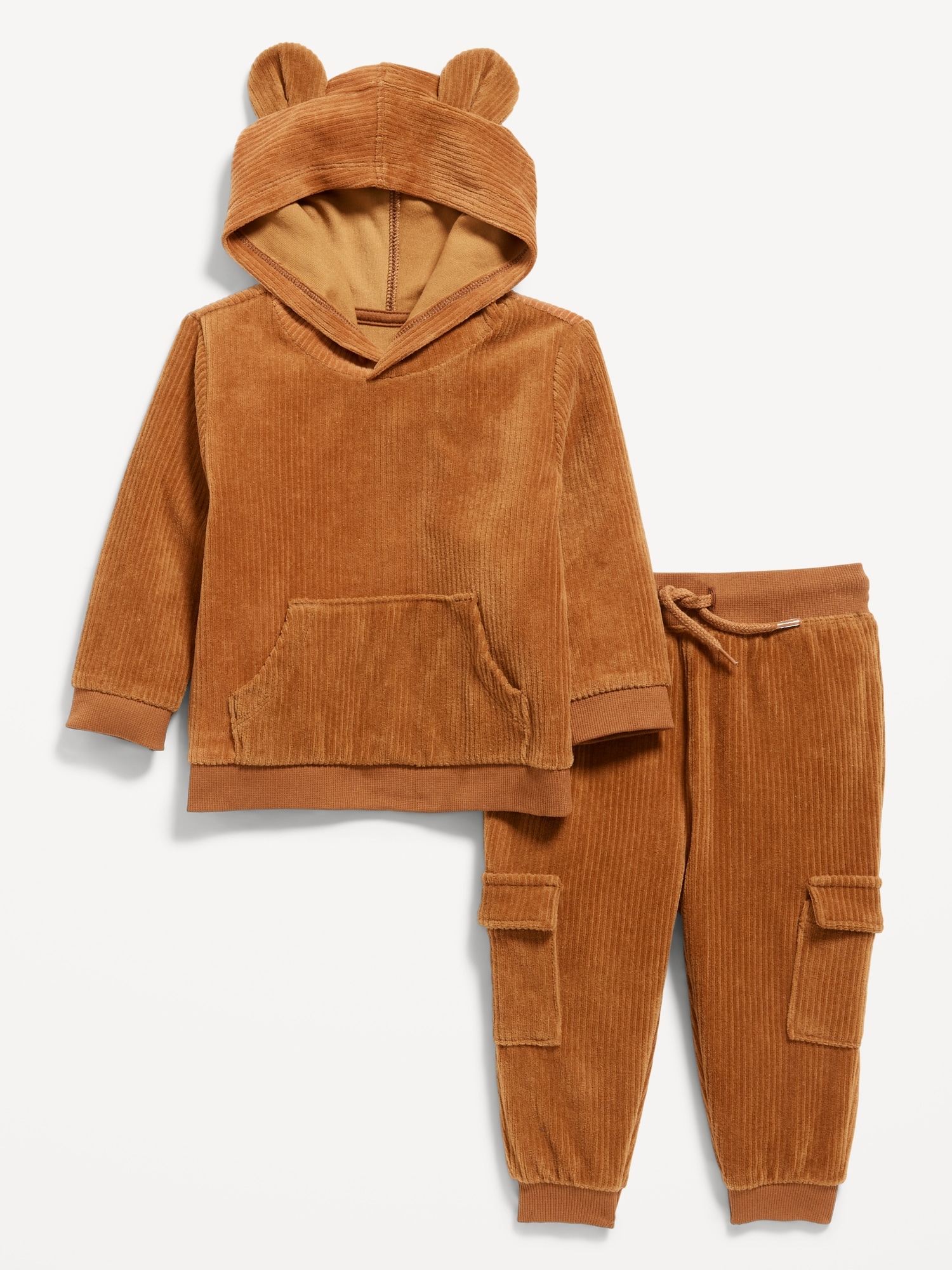 Unisex Ribbed Velour Critter Hoodie and Cargo Joggers Set for Baby