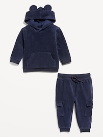 View large product image 3 of 3. Unisex Ribbed Velour Critter Hoodie and Cargo Joggers Set for Baby
