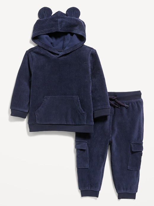 View large product image 1 of 3. Unisex Ribbed Velour Critter Hoodie and Cargo Joggers Set for Baby