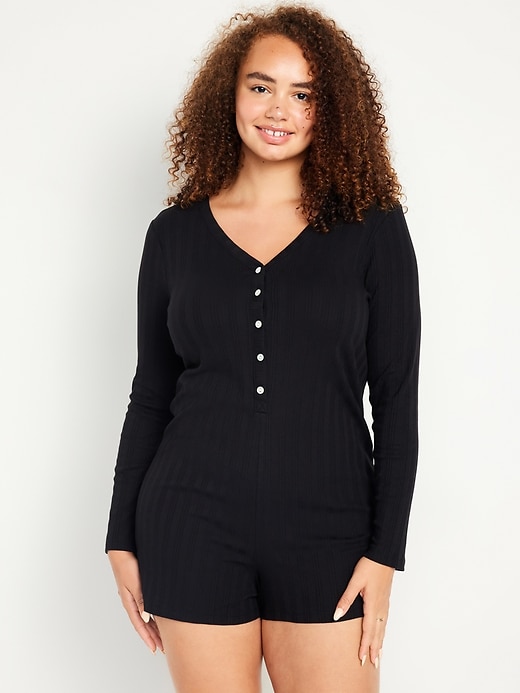 Image number 5 showing, Pointelle Henley Pajama Romper -- 3 inch inseam