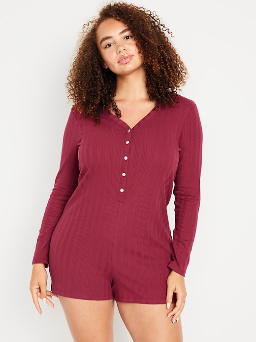 Image number 5 showing, Pointelle Henley Pajama Romper -- 3 inch inseam