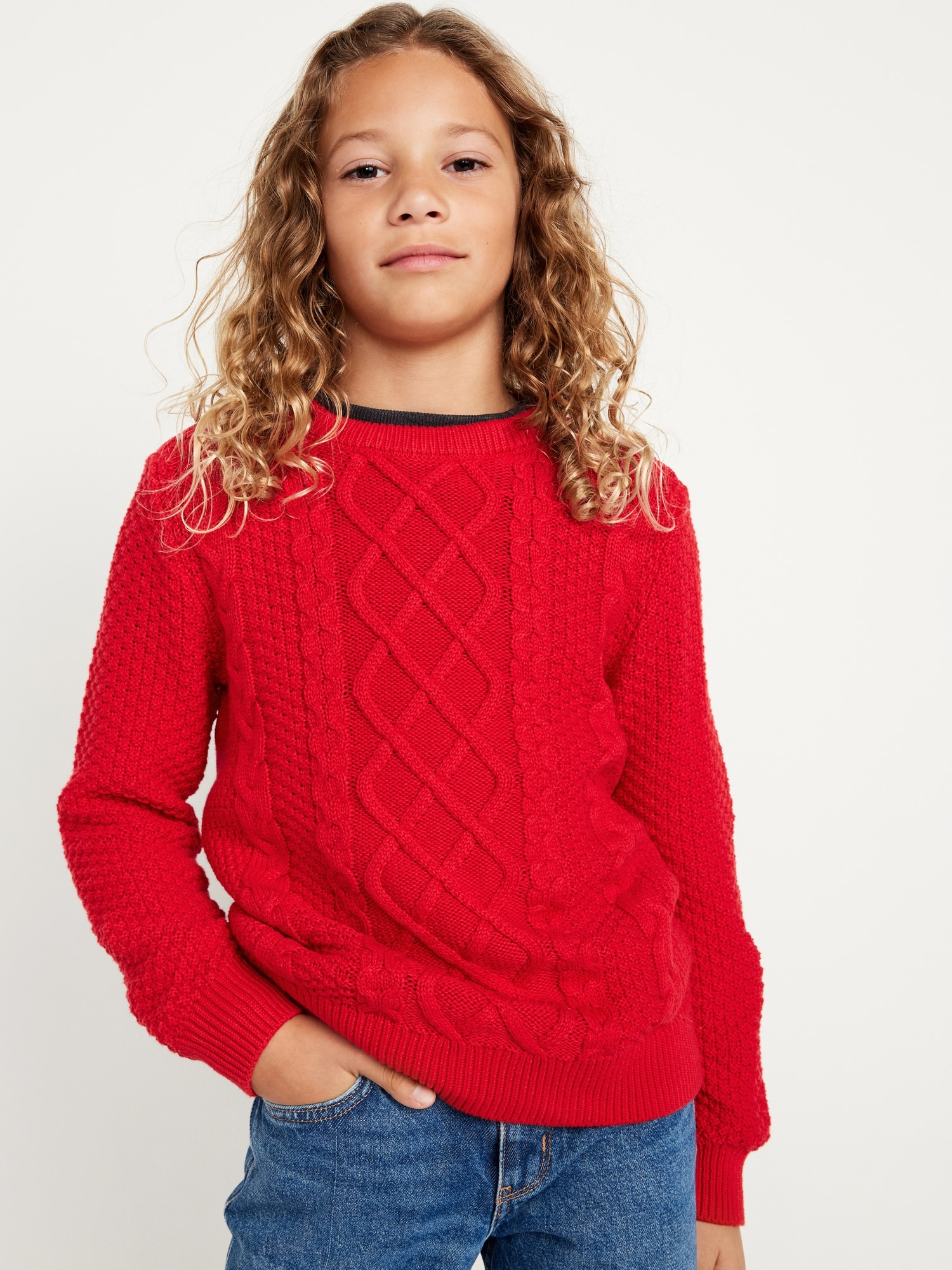 Long-Sleeve Cable-Knit Crew Neck Sweater for Boys