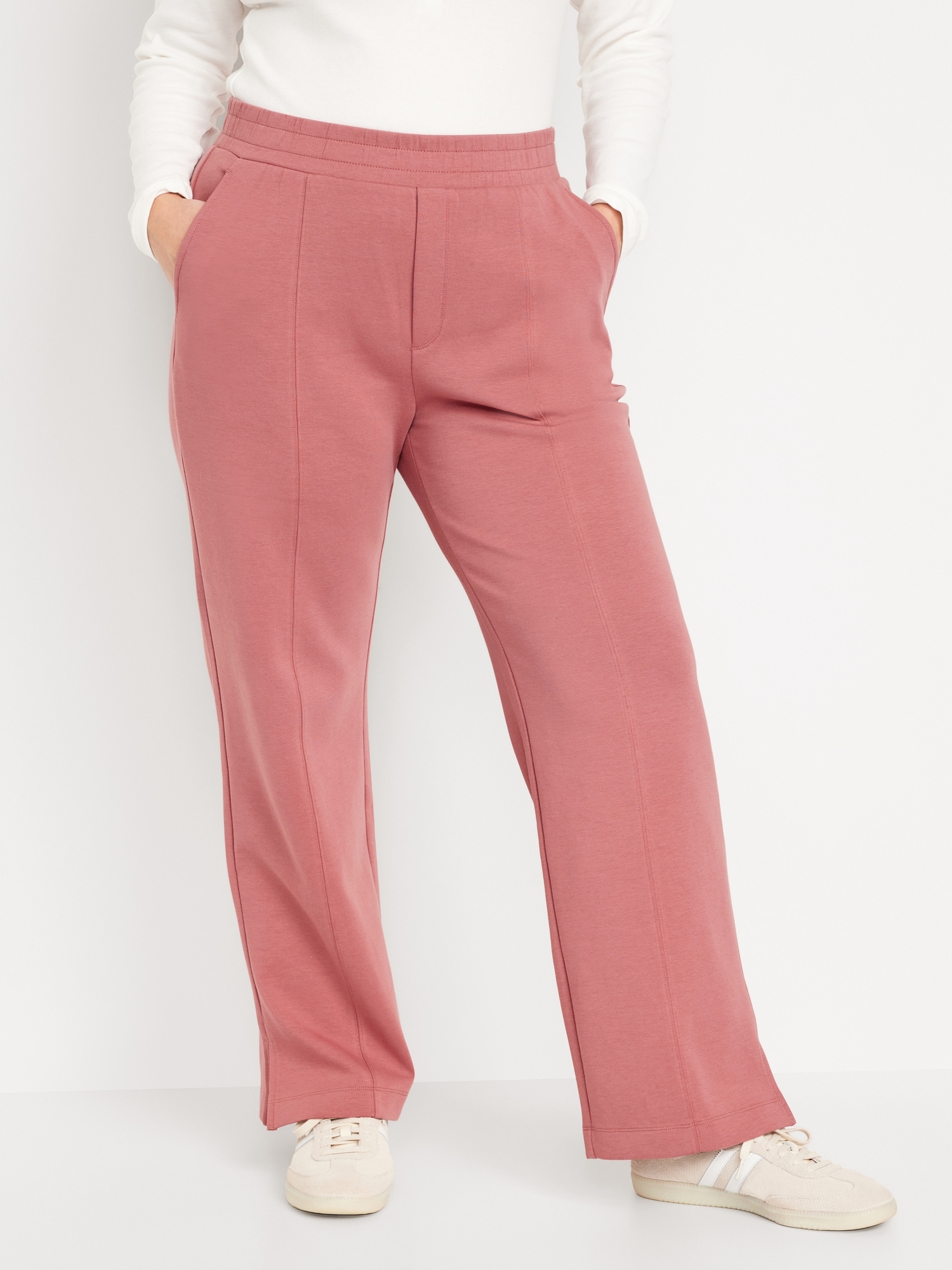 Women's Pink Long Sleeve Blouse, Hot Pink Wide Leg Pants, Beige Leather  Pumps, Tan Straw Clutch | Lookastic