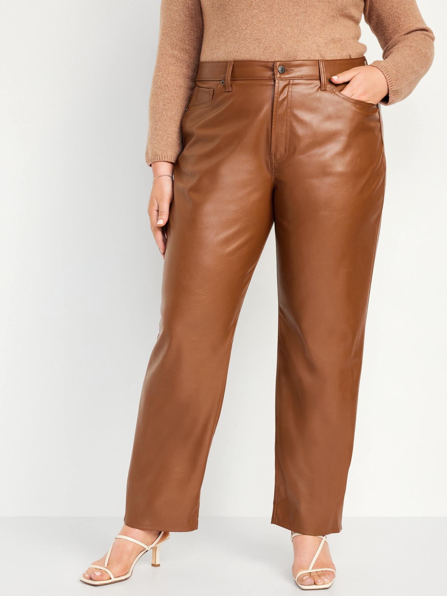 NA-KD faux leather low rise pants in brown