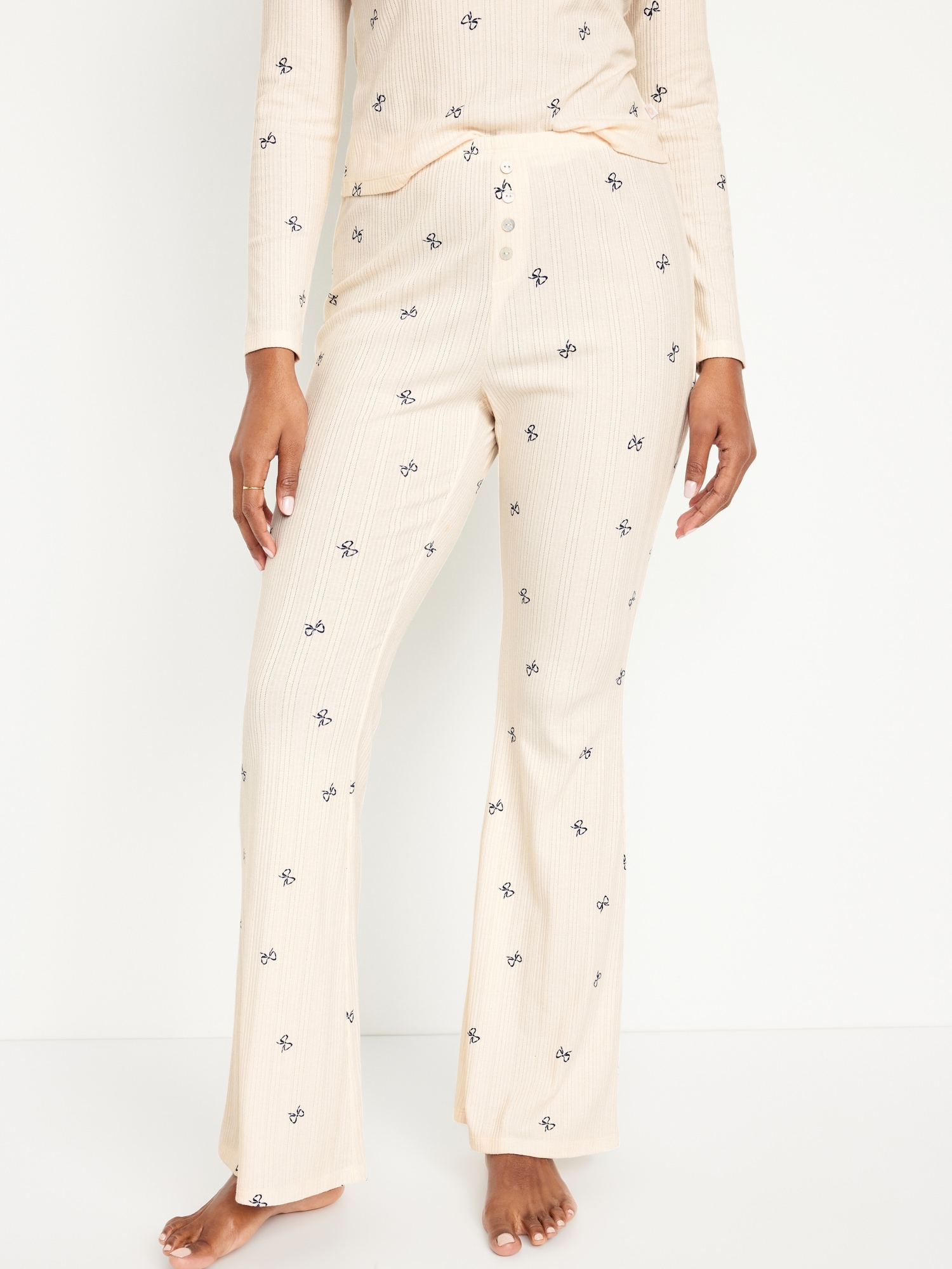 High-Waisted Pointelle-Knit Flare Pajama Pants
