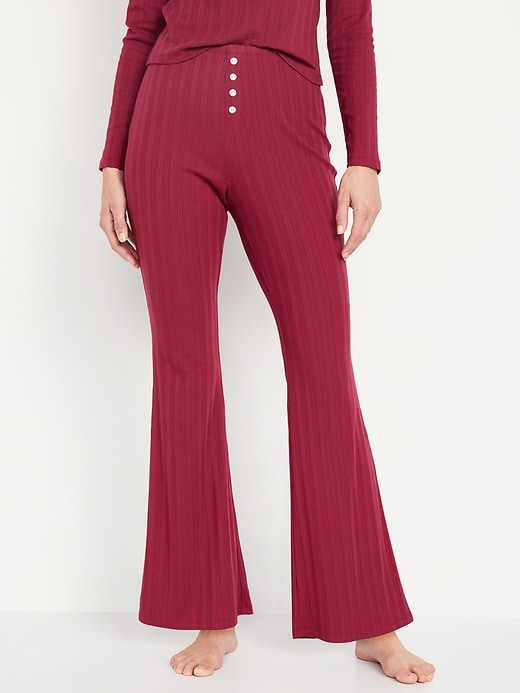 Image number 1 showing, High-Waisted Pointelle-Knit Flare Pajama Pants