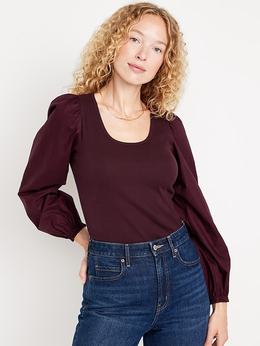 Image number 1 showing, Puff-Sleeve Mixed Material Top