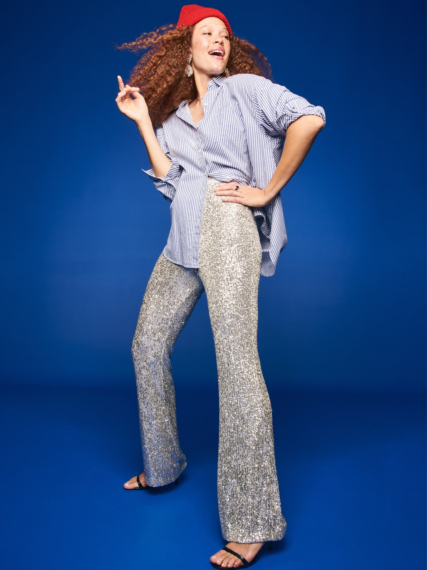 High-Waisted Pull-On Sequin Flare Pants